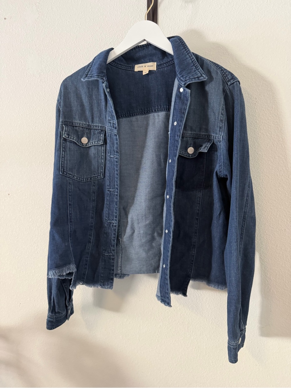 Cloth & Stone Denim Shirt Jacket Frayed Hem Snap Button
